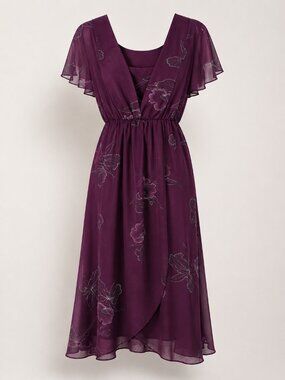 Vintage Sears Burgundy Sheer Floral Midi Wrap Dress 9/10 USA Cottagecore Boho